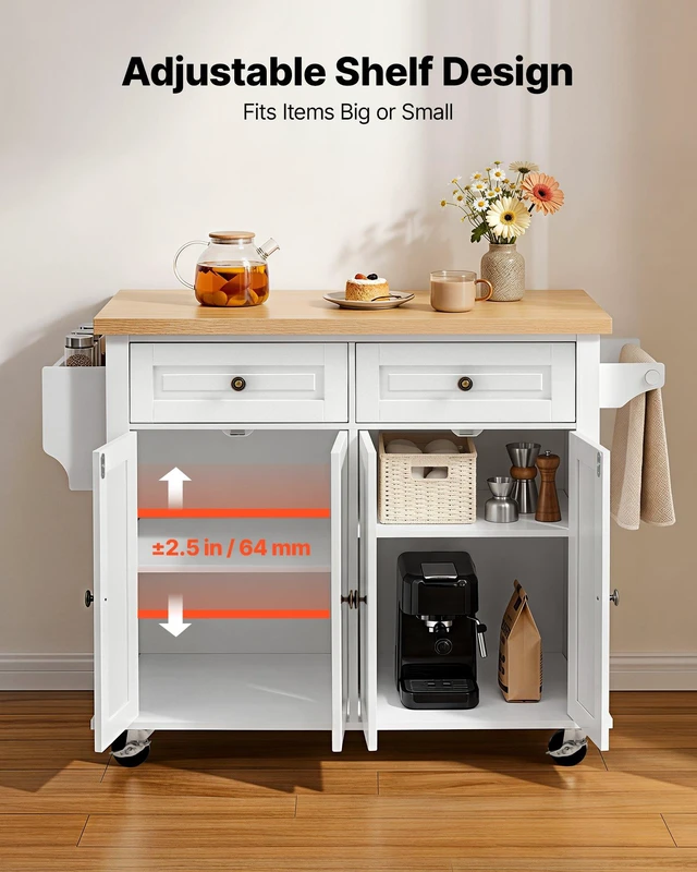 Alt view image 7 of 8 - VEVOR Kitchen Island Cart with Storage, 43.7 in Wide Mobile Rolling Storage Island on Swivel Wheels, with 2 Drawers, Storage Cabinet, Spice/Towel Rack, Hooks, Table for Home Dining Room, White