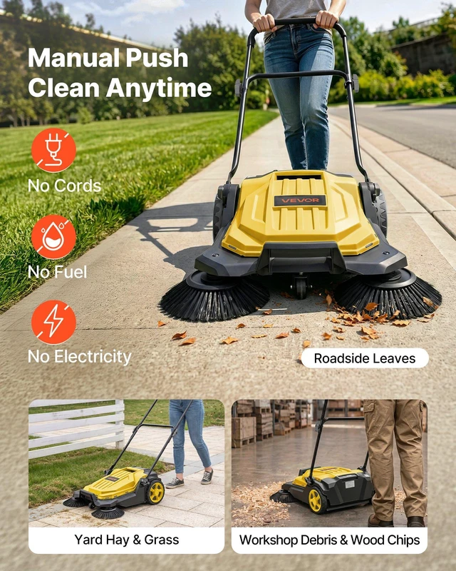 Alt view image 3 of 8 - VEVOR Walk-Behind Hand Push Floor Sweeper, Manual Floor Sweeper Non-Electric with 25.6" Sweeping Width, 5 Gallons Waste Container & Adjustable Folding Handle for Yards Walkways Patios Garages - Yellow