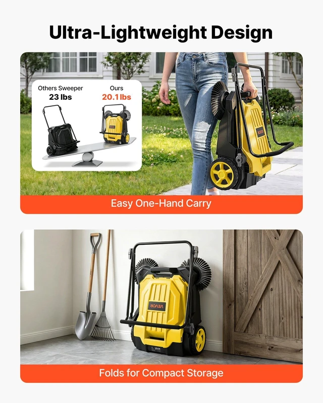 Alt view image 5 of 8 - VEVOR Walk-Behind Hand Push Floor Sweeper, Manual Floor Sweeper Non-Electric with 25.6" Sweeping Width, 5 Gallons Waste Container & Adjustable Folding Handle for Yards Walkways Patios Garages - Yellow