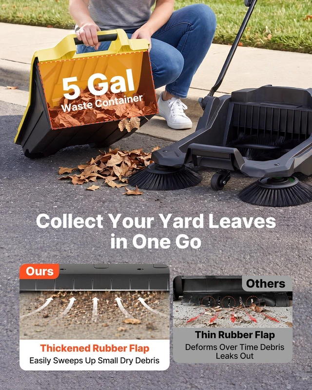 Alt view image 4 of 8 - VEVOR Walk-Behind Hand Push Floor Sweeper, Manual Floor Sweeper Non-Electric with 25.6" Sweeping Width, 5 Gallons Waste Container & Adjustable Folding Handle for Yards Walkways Patios Garages - Yellow