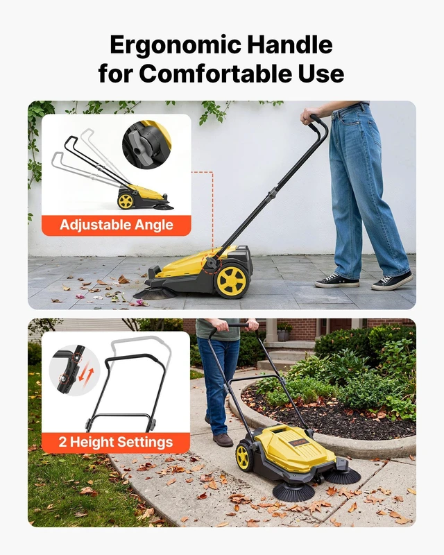 Alt view image 6 of 8 - VEVOR Walk-Behind Hand Push Floor Sweeper, Manual Floor Sweeper Non-Electric with 25.6" Sweeping Width, 5 Gallons Waste Container & Adjustable Folding Handle for Yards Walkways Patios Garages - Yellow