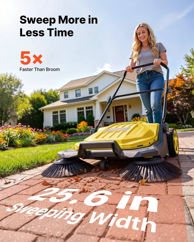 Alt view image 2 of 8 - VEVOR Walk-Behind Hand Push Floor Sweeper, Manual Floor Sweeper Non-Electric with 25.6" Sweeping Width, 5 Gallons Waste Container & Adjustable Folding Handle for Yards Walkways Patios Garages - Yellow