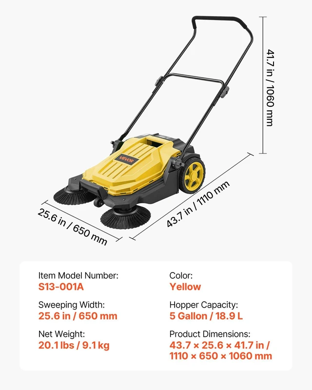 Alt view image 7 of 8 - VEVOR Walk-Behind Hand Push Floor Sweeper, Manual Floor Sweeper Non-Electric with 25.6" Sweeping Width, 5 Gallons Waste Container & Adjustable Folding Handle for Yards Walkways Patios Garages - Yellow