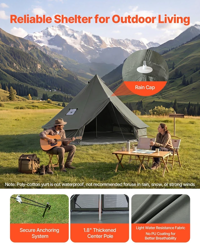 Alt view image 4 of 8 - VEVOR Canvas Bell Tent, 4 Seasons 9.84 ft Yurt Tent for Camping with Stove Jack, Canvas Breathable Holds up to 3 People with Zipped Detachable Floor, for Family Camping Glamping Outdoor Hunting Party