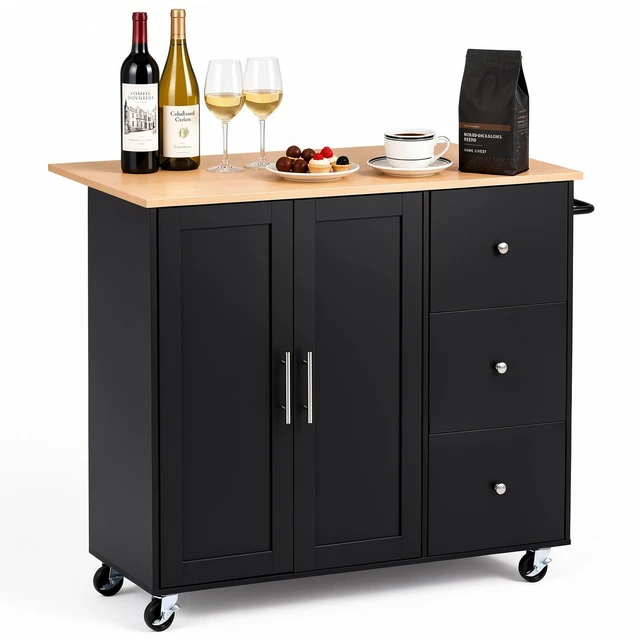 Main image of VEVOR Kitchen Island Cart with Storage, 42.4 in Wide Mobile Rolling Storage Island on Swivel Wheels, with 3 Drawers, Storage Cabinet, Drop Leaf, Towel Rack, Table for Home Dining Room, Black