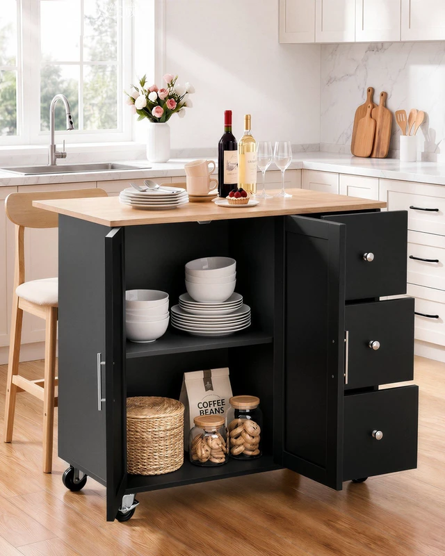 Alt view image 2 of 8 - VEVOR Kitchen Island Cart with Storage, 42.4 in Wide Mobile Rolling Storage Island on Swivel Wheels, with 3 Drawers, Storage Cabinet, Drop Leaf, Towel Rack, Table for Home Dining Room, Black