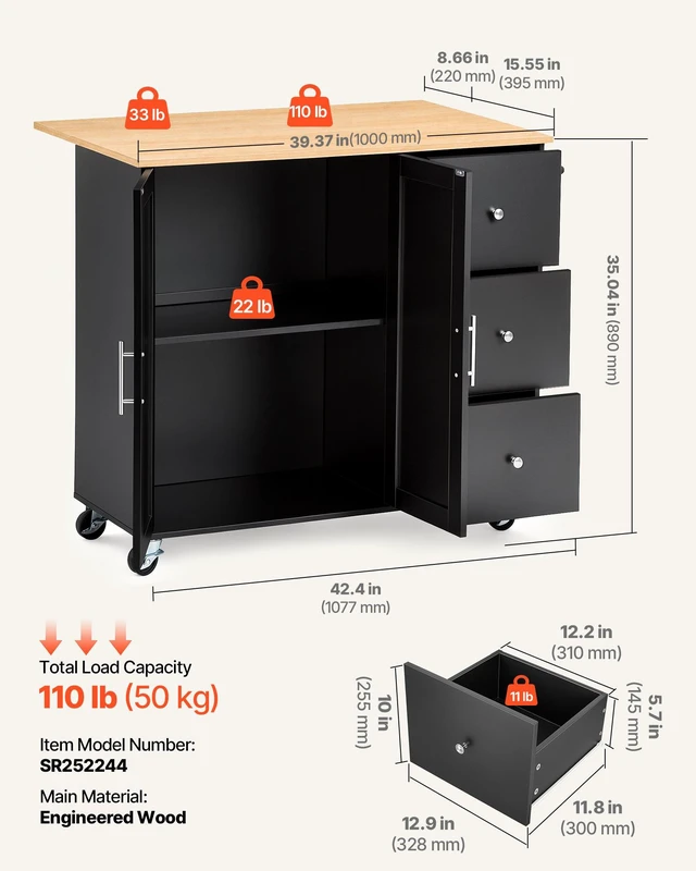 Alt view image 3 of 8 - VEVOR Kitchen Island Cart with Storage, 42.4 in Wide Mobile Rolling Storage Island on Swivel Wheels, with 3 Drawers, Storage Cabinet, Drop Leaf, Towel Rack, Table for Home Dining Room, Black
