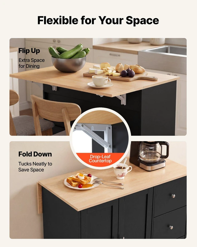 Alt view image 4 of 8 - VEVOR Kitchen Island Cart with Storage, 42.4 in Wide Mobile Rolling Storage Island on Swivel Wheels, with 3 Drawers, Storage Cabinet, Drop Leaf, Towel Rack, Table for Home Dining Room, Black