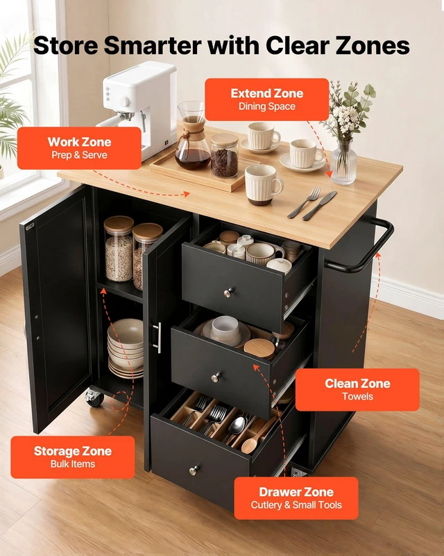 Alt view image 5 of 8 - VEVOR Kitchen Island Cart with Storage, 42.4 in Wide Mobile Rolling Storage Island on Swivel Wheels, with 3 Drawers, Storage Cabinet, Drop Leaf, Towel Rack, Table for Home Dining Room, Black