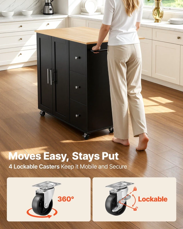 Alt view image 6 of 8 - VEVOR Kitchen Island Cart with Storage, 42.4 in Wide Mobile Rolling Storage Island on Swivel Wheels, with 3 Drawers, Storage Cabinet, Drop Leaf, Towel Rack, Table for Home Dining Room, Black