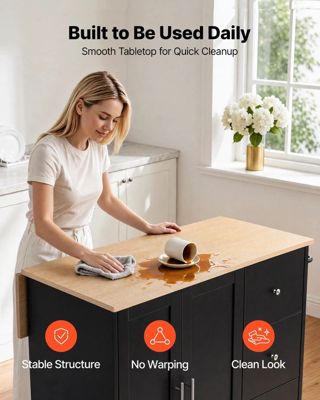 Alt view image 7 of 8 - VEVOR Kitchen Island Cart with Storage, 42.4 in Wide Mobile Rolling Storage Island on Swivel Wheels, with 3 Drawers, Storage Cabinet, Drop Leaf, Towel Rack, Table for Home Dining Room, Black