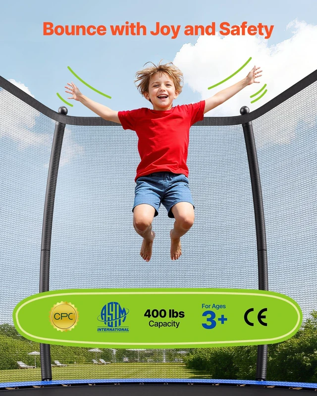 Alt view image 9 of 15 - Outdoor Trampoline, 12FT Recreational Trampoline, ASTM Approved Trampolines with Enclosure Net & Thickened Pad, Max 400 lbs Weight Capacity, Anti-Rust Backyard Trampolines for Kids & Adults