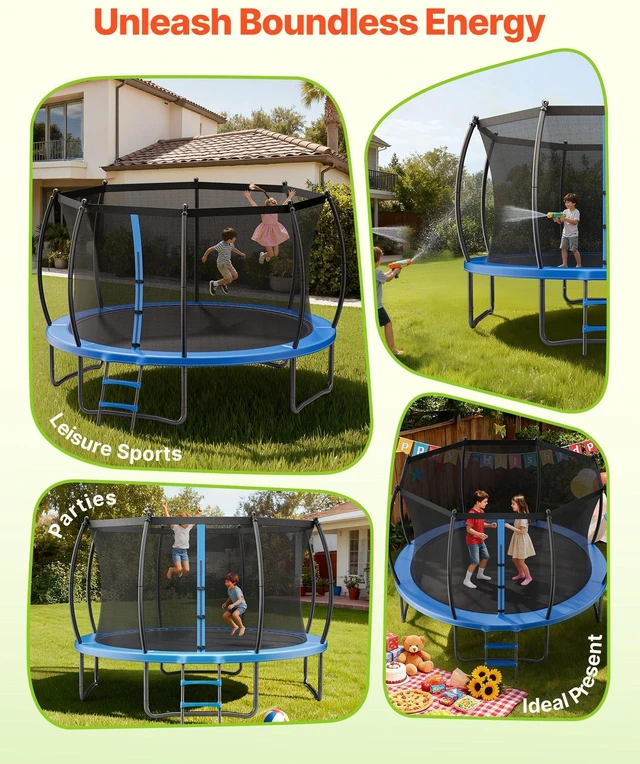 Alt view image 14 of 15 - Outdoor Trampoline, 12FT Recreational Trampoline, ASTM Approved Trampolines with Enclosure Net & Thickened Pad, Max 400 lbs Weight Capacity, Anti-Rust Backyard Trampolines for Kids & Adults