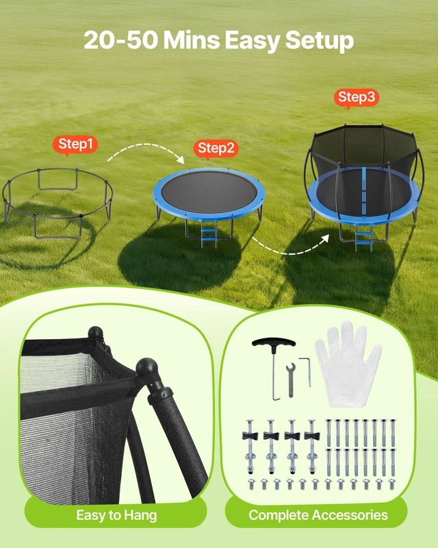 Alt view image 13 of 15 - Outdoor Trampoline, 12FT Recreational Trampoline, ASTM Approved Trampolines with Enclosure Net & Thickened Pad, Max 400 lbs Weight Capacity, Anti-Rust Backyard Trampolines for Kids & Adults