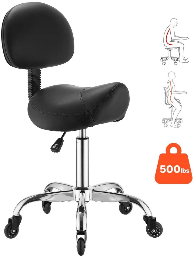 Main image of VEVOR Saddle Stool with Back Support, 500 lbs Weight Capacity, Height Adjustable, Quiet Casters, Ergonomic PU Leather Seat, 360° Swivel Saddle Stool Rolling Chair for Salon, Spa, Bar, Medical, Black