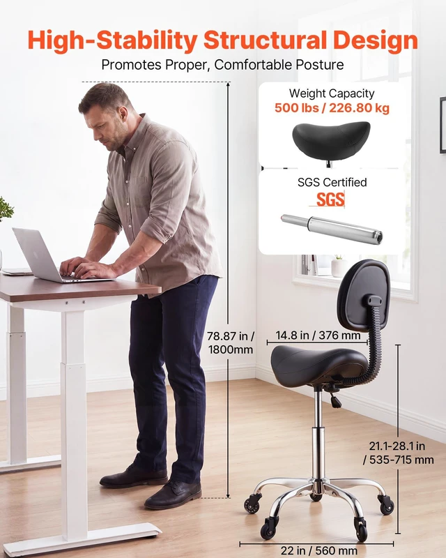 Alt view image 3 of 8 - VEVOR Saddle Stool with Back Support, 500 lbs Weight Capacity, Height Adjustable, Quiet Casters, Ergonomic PU Leather Seat, 360° Swivel Saddle Stool Rolling Chair for Salon, Spa, Bar, Medical, Black