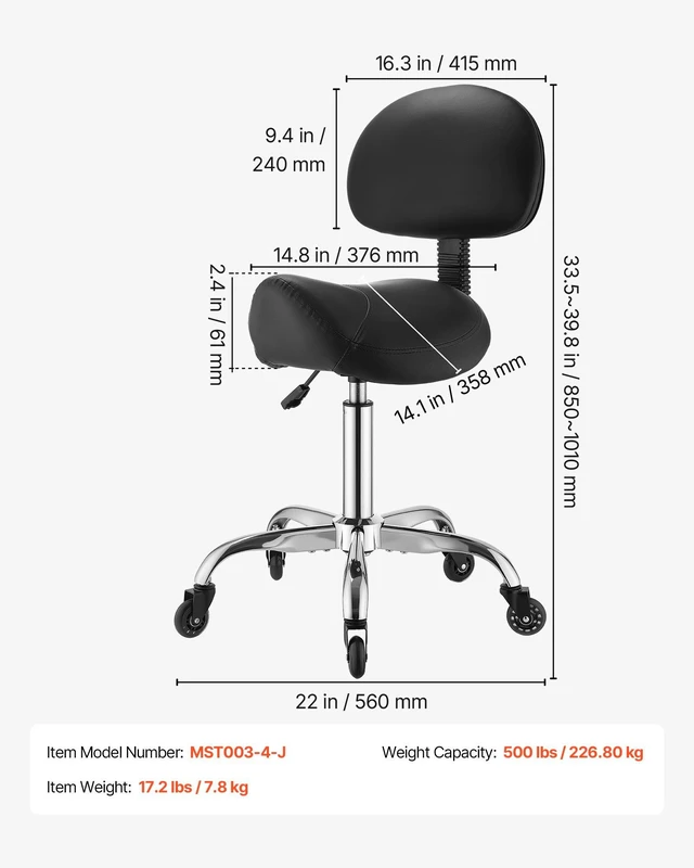 Alt view image 7 of 8 - VEVOR Saddle Stool with Back Support, 500 lbs Weight Capacity, Height Adjustable, Quiet Casters, Ergonomic PU Leather Seat, 360° Swivel Saddle Stool Rolling Chair for Salon, Spa, Bar, Medical, Black