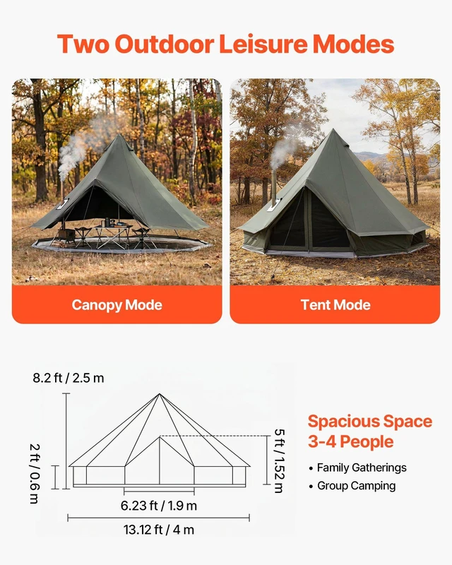 Alt view image 2 of 8 - VEVOR Canvas Bell Tent, 4 Seasons 13.12 ft Yurt Tent for Camping with Stove Jack, Canvas Breathable Holds up to 4 People with Zipped Detachable Floor, for Family Camping Glamping Outdoor Hunting Party