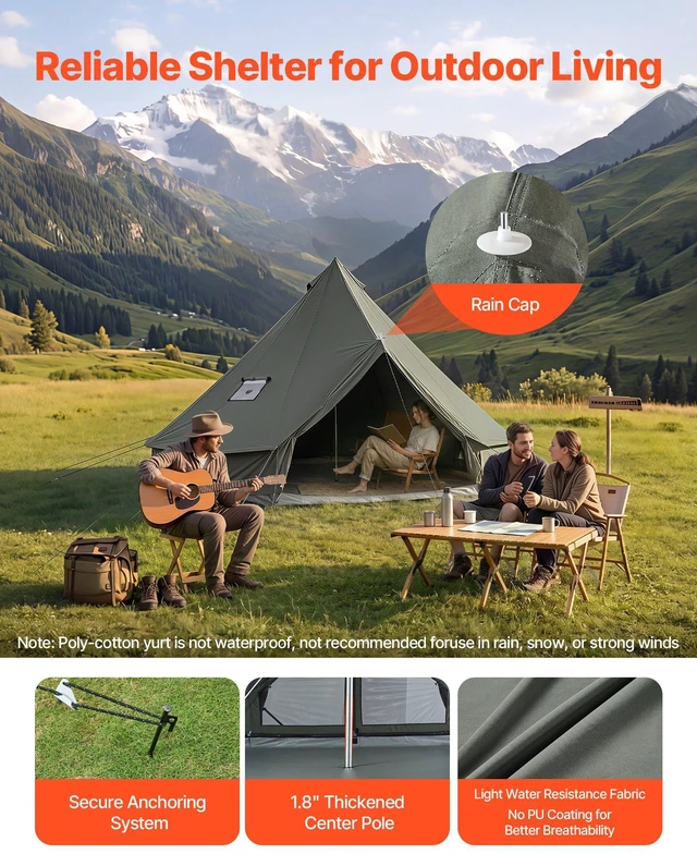Alt view image 4 of 8 - VEVOR Canvas Bell Tent, 4 Seasons 13.12 ft Yurt Tent for Camping with Stove Jack, Canvas Breathable Holds up to 4 People with Zipped Detachable Floor, for Family Camping Glamping Outdoor Hunting Party