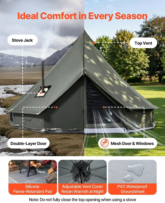 Alt view image 5 of 8 - VEVOR Canvas Bell Tent, 4 Seasons 13.12 ft Yurt Tent for Camping with Stove Jack, Canvas Breathable Holds up to 4 People with Zipped Detachable Floor, for Family Camping Glamping Outdoor Hunting Party