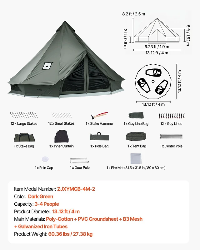 Alt view image 7 of 8 - VEVOR Canvas Bell Tent, 4 Seasons 13.12 ft Yurt Tent for Camping with Stove Jack, Canvas Breathable Holds up to 4 People with Zipped Detachable Floor, for Family Camping Glamping Outdoor Hunting Party