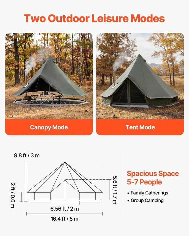 Alt view image 2 of 8 - VEVOR Canvas Bell Tent, 4 Seasons 16.4 ft Yurt Tent for Camping with Stove Jack, Canvas Breathable Holds up to 7 People with Zipped Detachable Floor, for Family Camping Glamping Outdoor Hunting Party