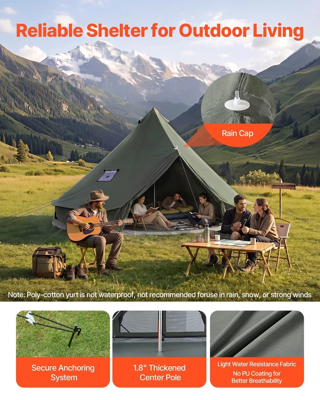 Alt view image 4 of 8 - VEVOR Canvas Bell Tent, 4 Seasons 16.4 ft Yurt Tent for Camping with Stove Jack, Canvas Breathable Holds up to 7 People with Zipped Detachable Floor, for Family Camping Glamping Outdoor Hunting Party