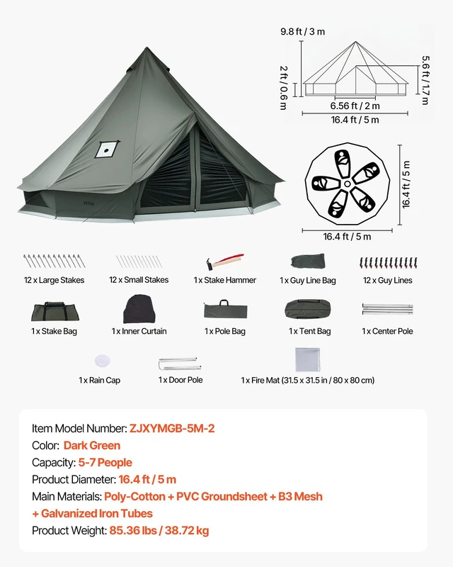 Alt view image 7 of 8 - VEVOR Canvas Bell Tent, 4 Seasons 16.4 ft Yurt Tent for Camping with Stove Jack, Canvas Breathable Holds up to 7 People with Zipped Detachable Floor, for Family Camping Glamping Outdoor Hunting Party