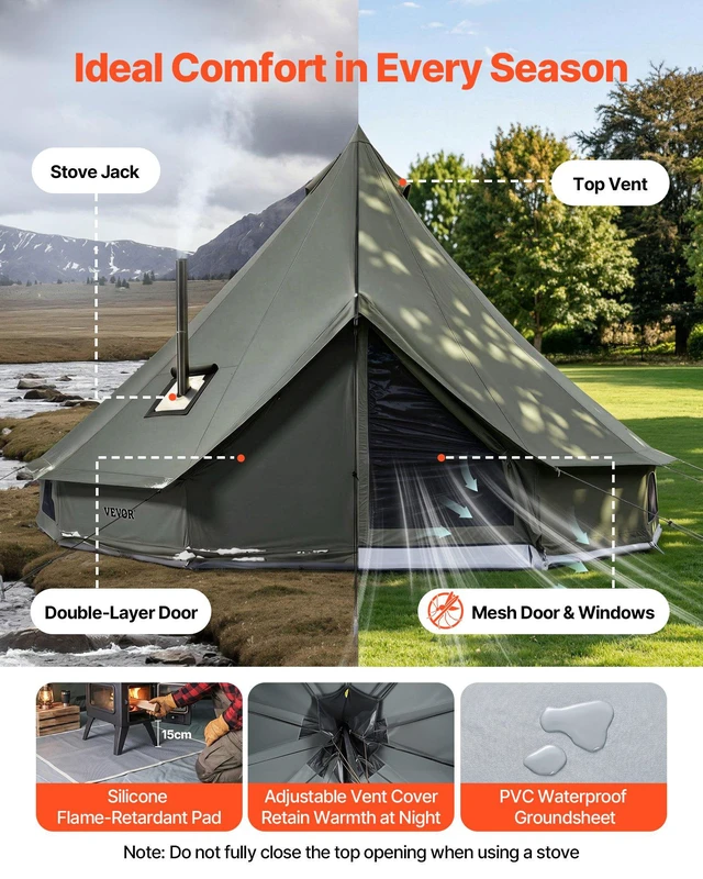 Alt view image 5 of 8 - VEVOR Canvas Bell Tent, 4 Seasons 16.4 ft Yurt Tent for Camping with Stove Jack, Canvas Breathable Holds up to 7 People with Zipped Detachable Floor, for Family Camping Glamping Outdoor Hunting Party