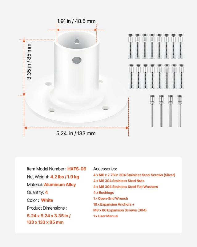 Alt view image 7 of 8 - VEVOR Deck Anchor Flange 4 Pack, 1-7/8 in Pool Ladder Deck Mount, Handrail Anchor with Stainless Steel Mounting Hardware, Premium Aluminum Alloy Flange for Inground Swimming Pool Ladder, White