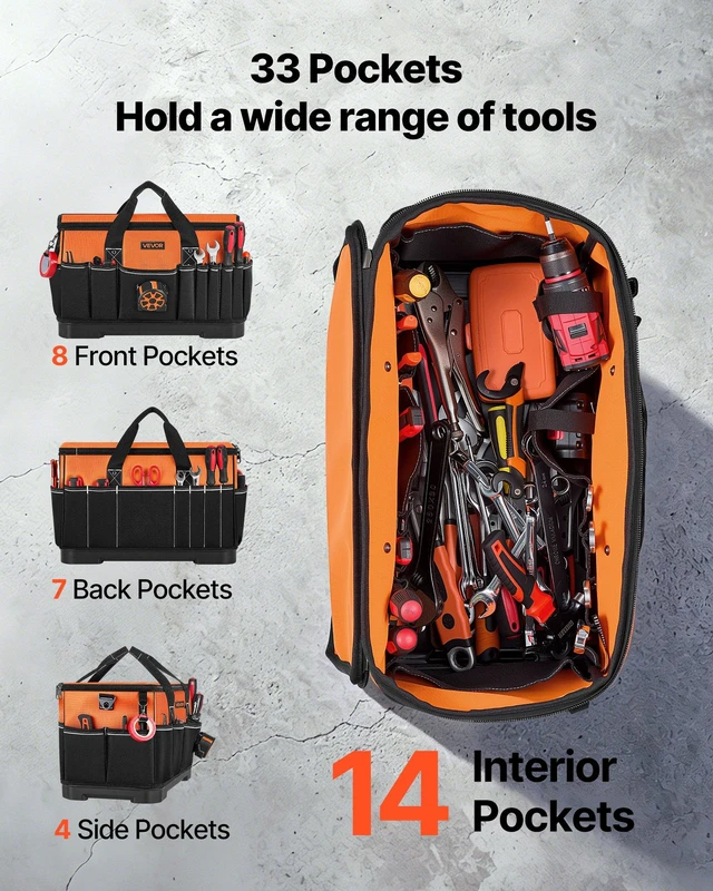 Alt view image 2 of 8 - VEVOR Tool Bag, 19.1 Inch, 33-Pocket Portable Large Tool Box Organizer Storage, Toolbox with Water-Resistant Base, Zipper, Adjustable Shoulder Strap Toolbag, for Men Women Dad Husband Fathers Day