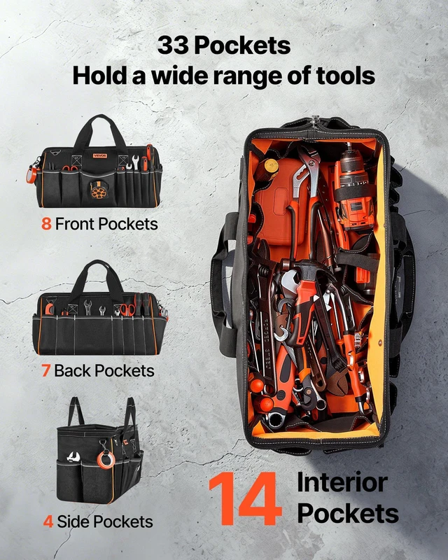Alt view image 2 of 8 - VEVOR Tool Bag, 20 Inch, 33-Pocket Portable Large Tool Box Organizer Storage, Toolbox with Big Zipper, Adjustable Shoulder Strap, Water-Resistant Carry Toolbag, for Men Women Dad Husband Fathers Day