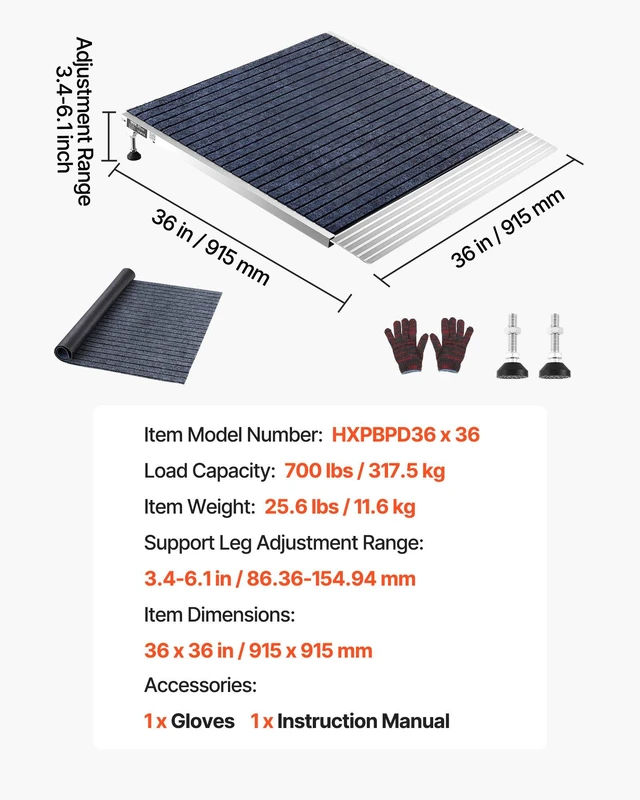 Alt view image 7 of 8 - VEVOR Threshold Ramp for Doorways, 36 x 36 in, Platform Aluminum Wheelchair Ramp with Adjustable Height, Non-Slip Door Threshold Ramps, 700 lbs Load Capacity, for Home Steps, Wheelchairs, Walkers