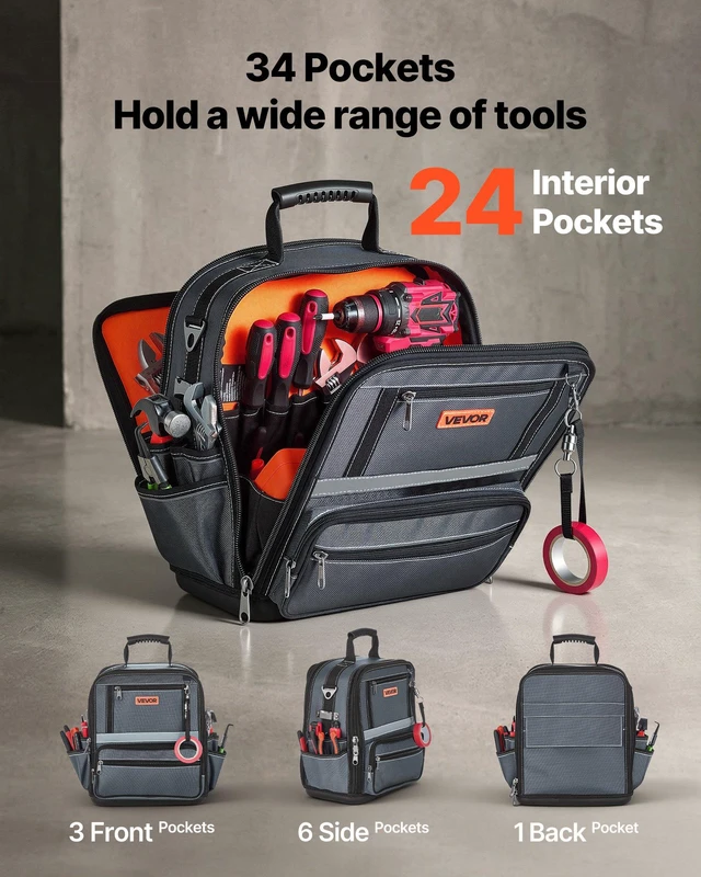 Alt view image 2 of 8 - VEVOR Tool Bag, 13.2 Inch, 34-Pocket Portable Large Tool Box Organizer Storage, Carry Toolbox with Hard Plastic Base, Large Zipper, Adjustable Shoulder Strap, for Men Women Dad Husband Fathers Day