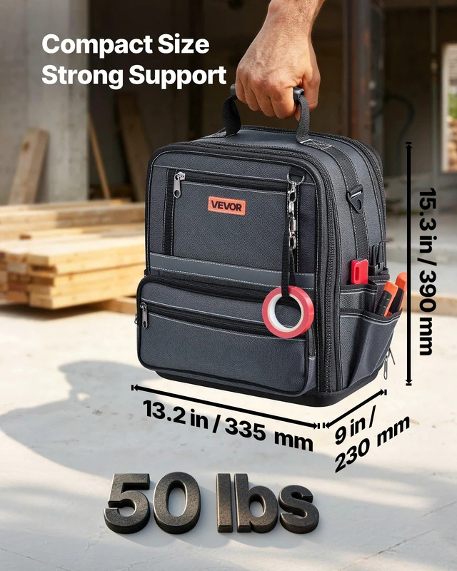 Alt view image 3 of 8 - VEVOR Tool Bag, 13.2 Inch, 34-Pocket Portable Large Tool Box Organizer Storage, Carry Toolbox with Hard Plastic Base, Large Zipper, Adjustable Shoulder Strap, for Men Women Dad Husband Fathers Day