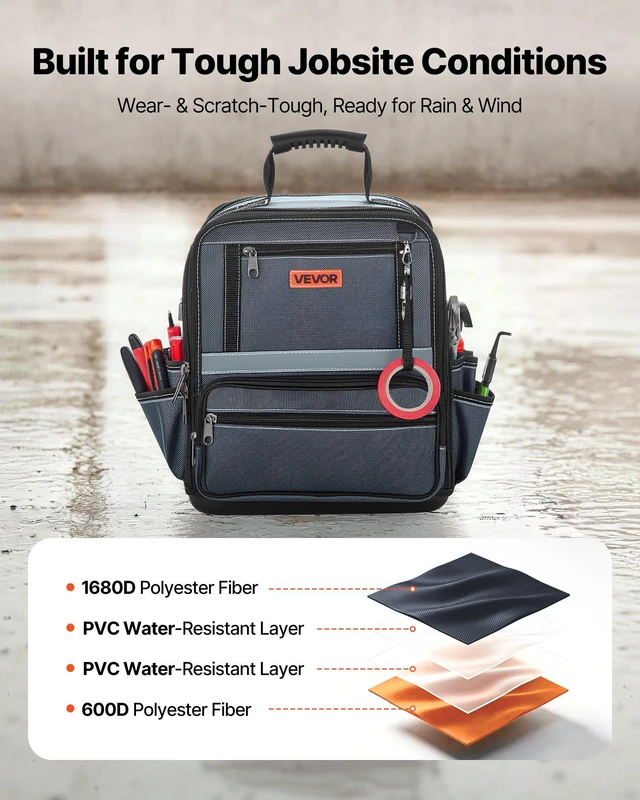Alt view image 4 of 8 - VEVOR Tool Bag, 13.2 Inch, 34-Pocket Portable Large Tool Box Organizer Storage, Carry Toolbox with Hard Plastic Base, Large Zipper, Adjustable Shoulder Strap, for Men Women Dad Husband Fathers Day