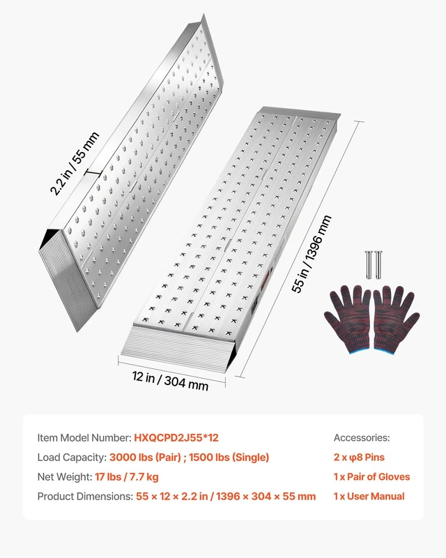 Alt view image 7 of 8 - VEVOR Aluminum Trailer Ramps, 2PCS 55 x 12 in, Heavy-Duty ATV Ramp Set with Anti-Slip Plates, 3000LBS Combined Capacity Loading Ramps for Motorcycles, Lawn Mowers, Farm Tractors, Carts
