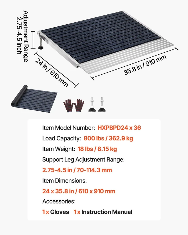 Alt view image 7 of 8 - VEVOR Threshold Ramp for Doorways, 24 x 35.8 in, Platform Aluminum Wheelchair Ramp with Adjustable Height, Non-Slip Door Threshold Ramps, 800 lbs Load Capacity, for Home Steps, Wheelchairs, Walkers