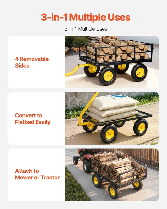 Alt view image 3 of 8 - VEVOR Steel Garden Cart, 1200 lbs Heavy Duty Pullable Garden Wagon Yard Cart, 2 in 1 Outdoor Metal Utility Wagon Yard Trailer with 13" All Terrain Tires, Mesh Detachable Sides and 180° Rotating Handle
