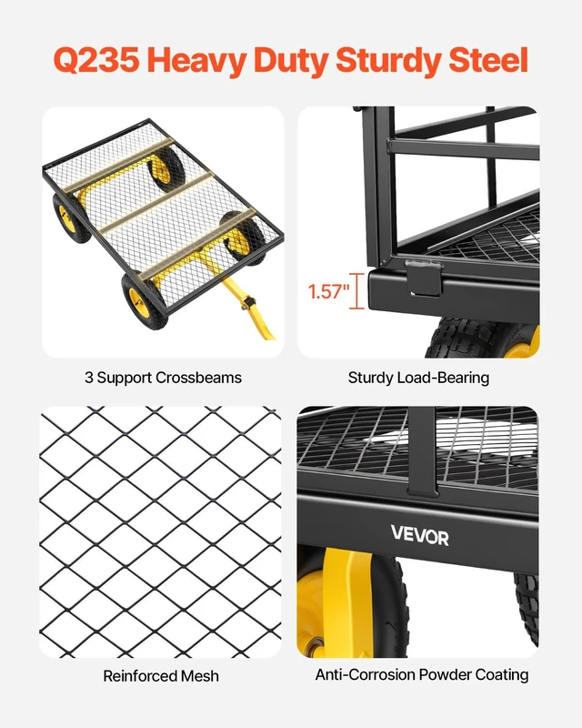 Alt view image 4 of 8 - VEVOR Steel Garden Cart, 1200 lbs Heavy Duty Pullable Garden Wagon Yard Cart, 2 in 1 Outdoor Metal Utility Wagon Yard Trailer with 13" All Terrain Tires, Mesh Detachable Sides and 180° Rotating Handle