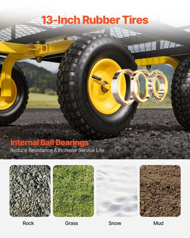 Alt view image 5 of 8 - VEVOR Steel Garden Cart, 1200 lbs Heavy Duty Pullable Garden Wagon Yard Cart, 2 in 1 Outdoor Metal Utility Wagon Yard Trailer with 13" All Terrain Tires, Mesh Detachable Sides and 180° Rotating Handle
