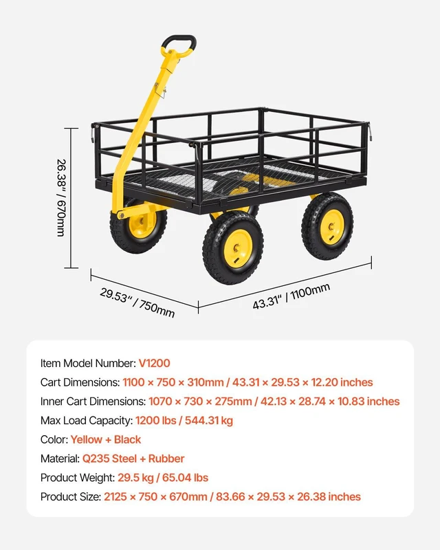 Alt view image 7 of 8 - VEVOR Steel Garden Cart, 1200 lbs Heavy Duty Pullable Garden Wagon Yard Cart, 2 in 1 Outdoor Metal Utility Wagon Yard Trailer with 13" All Terrain Tires, Mesh Detachable Sides and 180° Rotating Handle