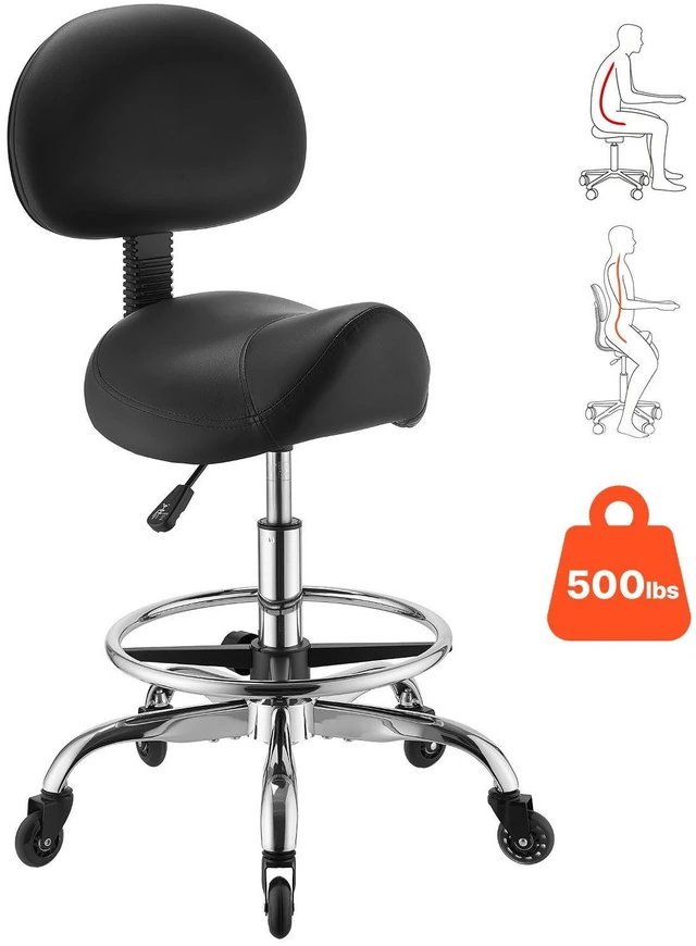 Main image of VEVOR Saddle Stool with Back Support Footrest, 500 lbs Weight Capacity, Height Adjustable, Quiet Casters, PU Leather Seat, 360° Swivel Saddle Stool Rolling Chair for Salon, Spa, Bar, Medical, Black