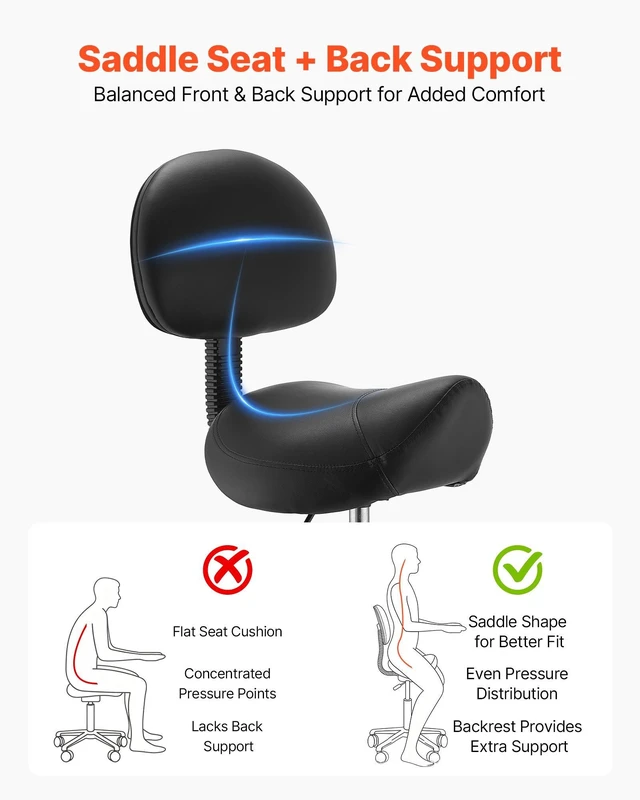 Alt view image 2 of 8 - VEVOR Saddle Stool with Back Support Footrest, 500 lbs Weight Capacity, Height Adjustable, Quiet Casters, PU Leather Seat, 360° Swivel Saddle Stool Rolling Chair for Salon, Spa, Bar, Medical, Black
