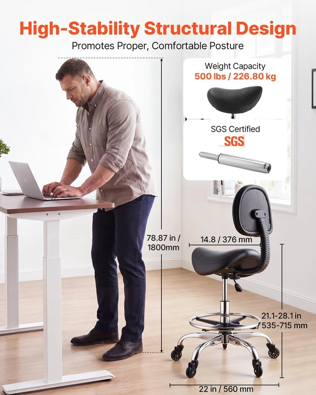 Alt view image 3 of 8 - VEVOR Saddle Stool with Back Support Footrest, 500 lbs Weight Capacity, Height Adjustable, Quiet Casters, PU Leather Seat, 360° Swivel Saddle Stool Rolling Chair for Salon, Spa, Bar, Medical, Black