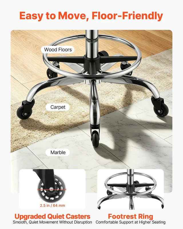 Alt view image 5 of 8 - VEVOR Saddle Stool with Back Support Footrest, 500 lbs Weight Capacity, Height Adjustable, Quiet Casters, PU Leather Seat, 360° Swivel Saddle Stool Rolling Chair for Salon, Spa, Bar, Medical, Black