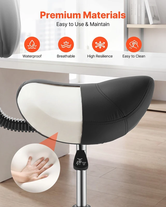 Alt view image 6 of 8 - VEVOR Saddle Stool with Back Support Footrest, 500 lbs Weight Capacity, Height Adjustable, Quiet Casters, PU Leather Seat, 360° Swivel Saddle Stool Rolling Chair for Salon, Spa, Bar, Medical, Black