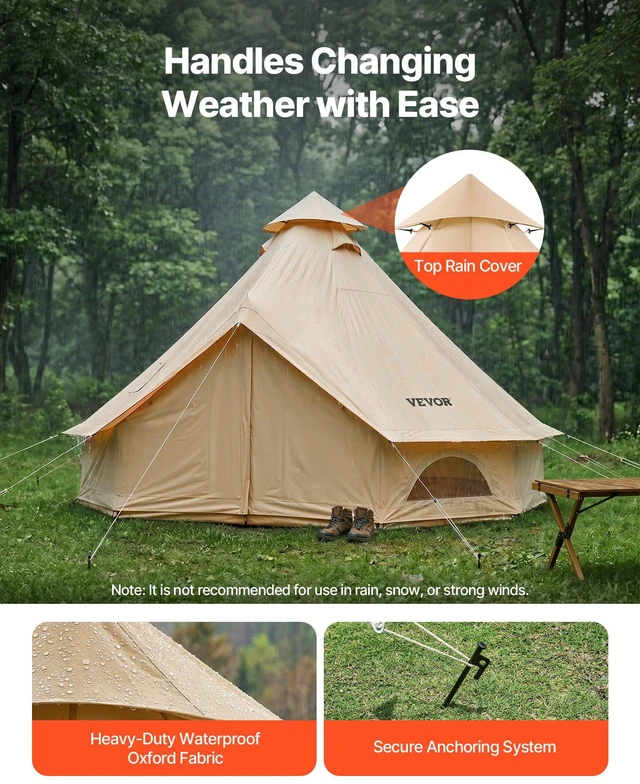 Alt view image 4 of 8 - VEVOR Oxford Bell Tent, 4 Seasons 13.12 ft Yurt Tent for Camping with Stove Jack, Waterproof Breathable Holds up to 4 People with Zipped Detachable Floor, Family Camping Glamping Outdoor Hunting Party