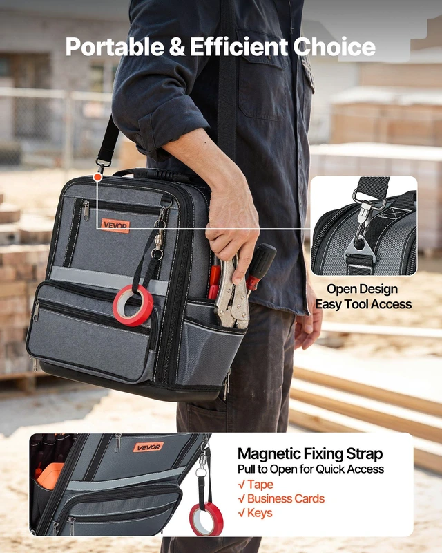 Alt view image 7 of 8 - VEVOR Tool Bag, 13.2 Inch, 34-Pocket Portable Large Tool Box Organizer Storage, Carry Toolbox with Hard Plastic Base, Large Zipper, Adjustable Shoulder Strap, for Men Women Dad Husband Fathers Day