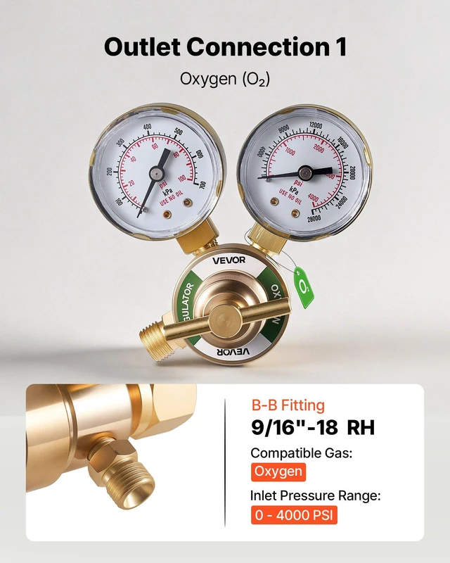 Alt view image 3 of 8 - VEVOR Oxygen Acetylene Regulator Set, Oxy-Acetylene Regulators, 0-4000PSI and 0-400PSI Welding Gas Gauges with CGA-540/CGA-200 Inlet Connection & 9/16"-18 Outlet Connection, T-Handle Adjustment